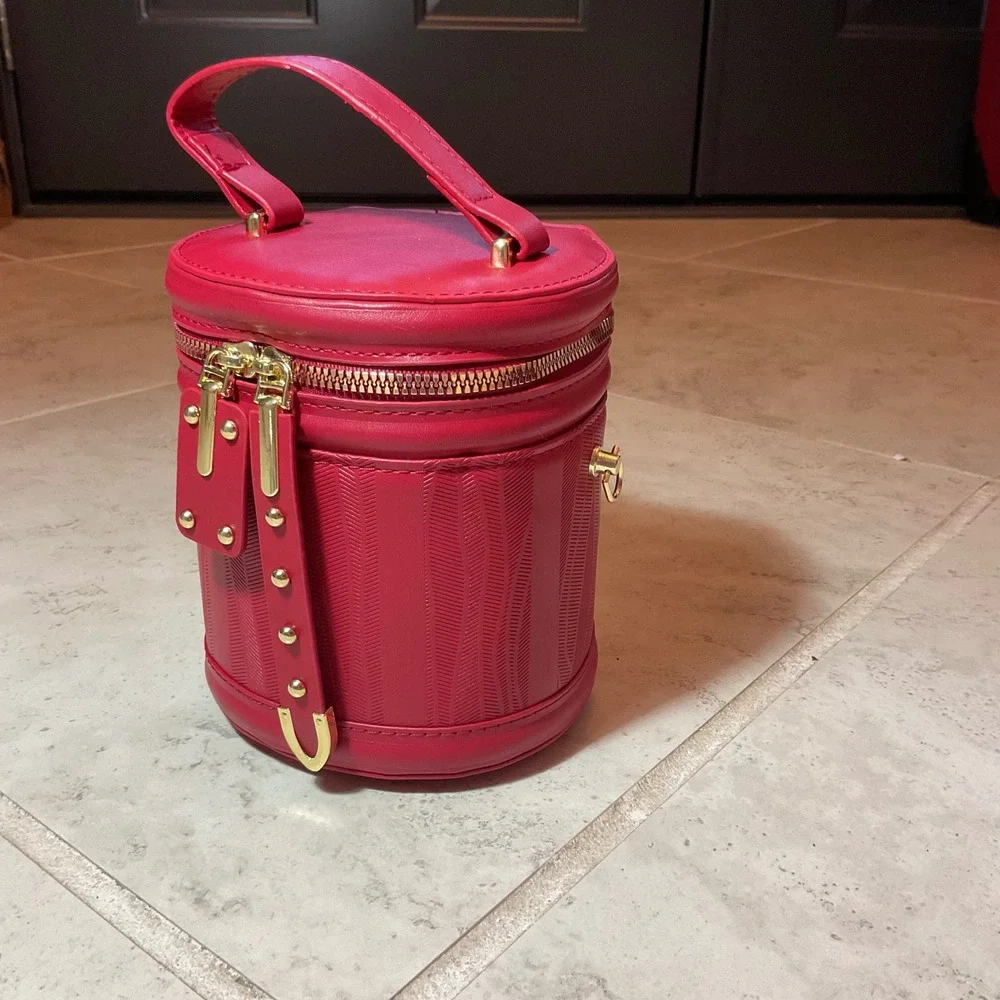 Red Textured Cylinder Bucket Bag Gold Studded Crossbody Top Handle Vanity Purse